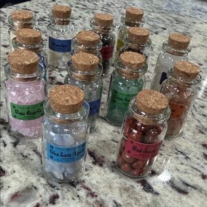 Assorted Gemstone Bottles with Cork Lids. Set of 14